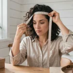 Femme mesurant le tour de tête avec un mètre ruban pour choisir la bonne taille de chapeau