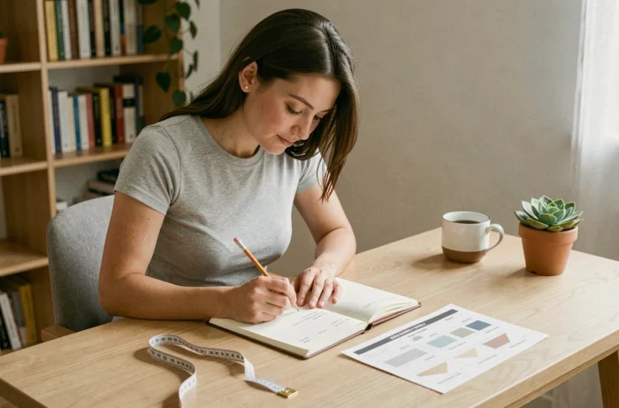 Femme notant ses mesures de soutien-gorge dans un carnet à la maison avec un guide de tailles Etam