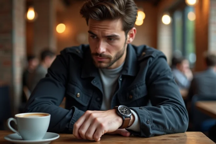Jeune homme avec une montre portée côté intérieur du poignet attablé dans un café vintage