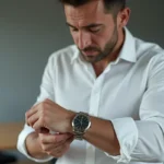 Homme portant sa montre à l'envers sur le poignet intérieur dans un bureau moderne
