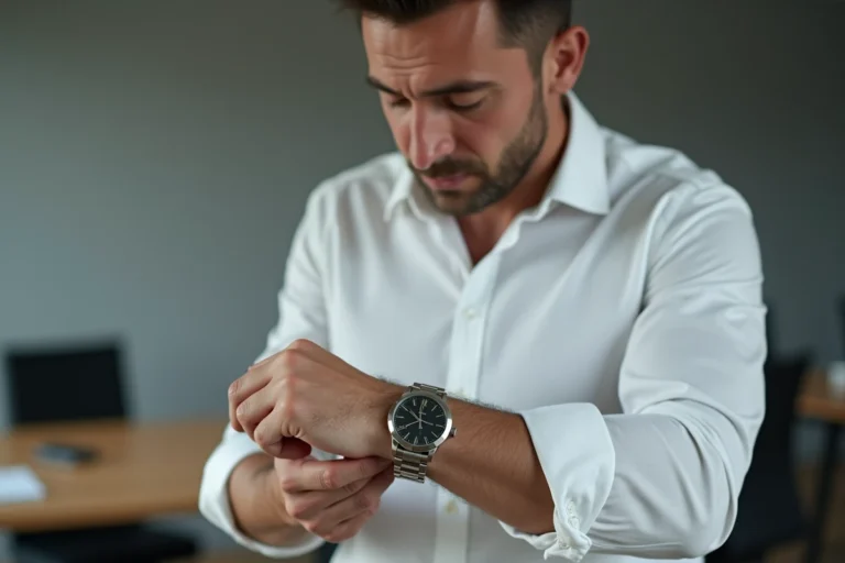 Homme portant sa montre à l'envers sur le poignet intérieur dans un bureau moderne