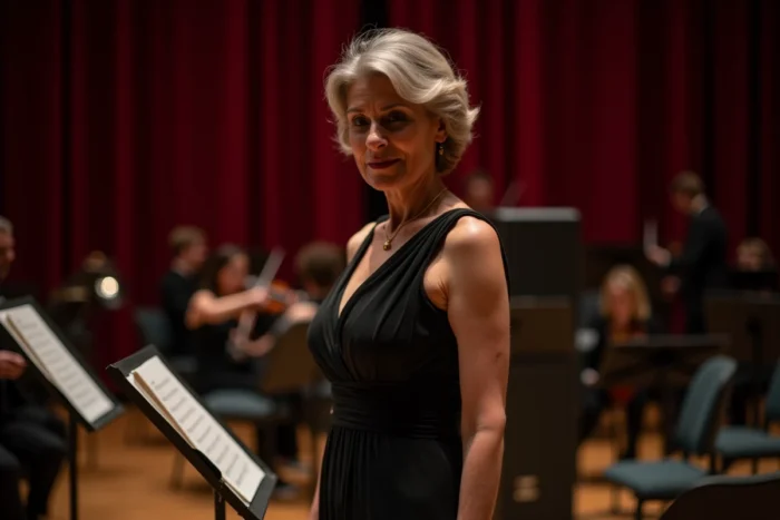 Musicienne en coulisses consultant une partition dans un grand théâtre, ambiance documentaire élégante