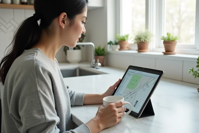 Femme utilisant une tablette pour naviguer dans l'arborescence d'un blog dans une cuisine moderne