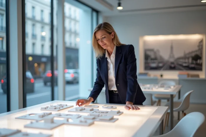 Showroom moderne d'un grand promoteur immobilier français avec une professionnelle examinant des maquettes architecturales