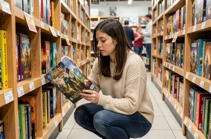 Jeune femme choisissant un jeu de société en promotion dans un magasin spécialisé, rayons colorés avec étiquettes de prix et offres spéciales