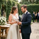 Couple de mariés qui planifie leur mariage en consultant une liste de contrôle dans un jardin décoré pour la cérémonie