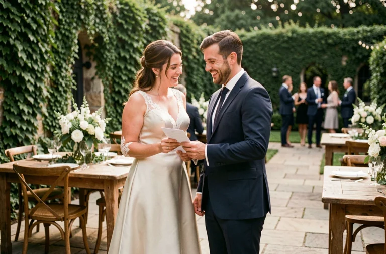 Couple de mariés qui planifie leur mariage en consultant une liste de contrôle dans un jardin décoré pour la cérémonie
