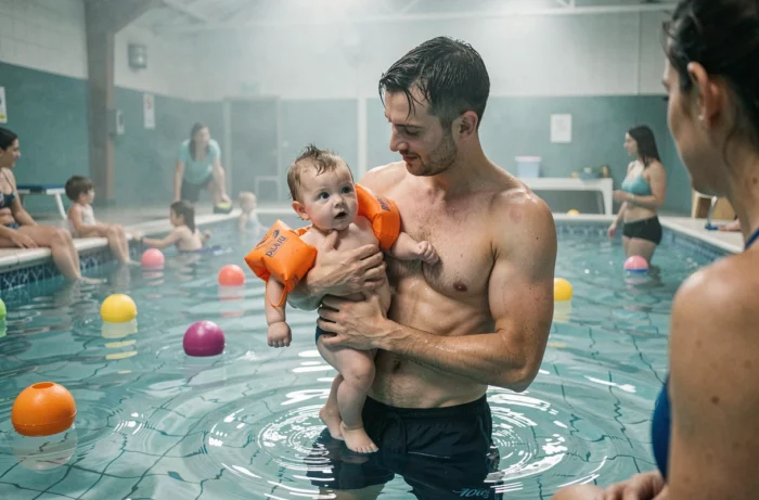 Père tenant son bébé avec des brassards dans un cours de bébés nageurs en piscine couverte