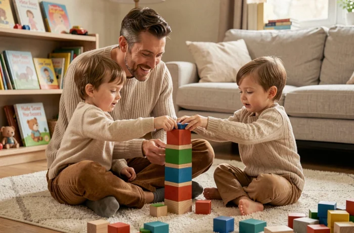 Père jouant avec ses jeunes enfants sur le tapis du salon, moment de complicité familiale autour de jeux éducatifs en bois