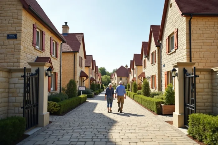 Couple de retraités admirant des maisons neuves de style provençal dans un programme de Pierre Promotion
