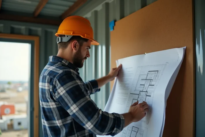 Chef de projet affichant des plans sur un tableau dans le bureau de chantier de Pitch Immo