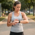 Femme vérifiant un podomètre connecté en panne lors d'une course en ville