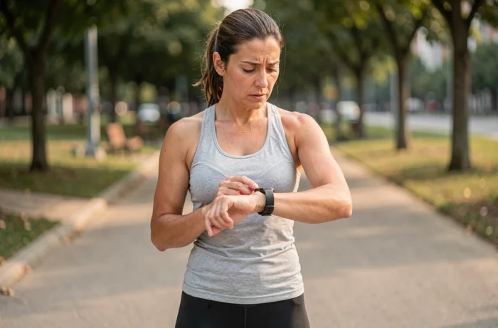 Femme vérifiant un podomètre connecté en panne lors d'une course en ville