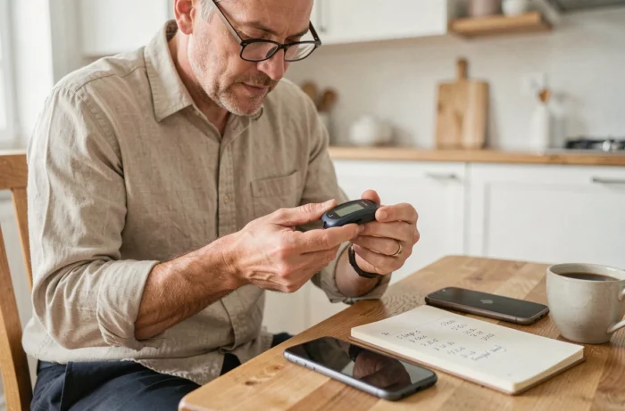 Homme examinant un podomètre défaillant posé sur une table de cuisine avec un smartphone
