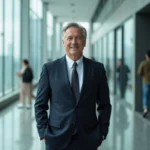 Portrait professionnel d'un dirigeant d'entreprise aéronautique en costume marine dans un atrium moderne vitré