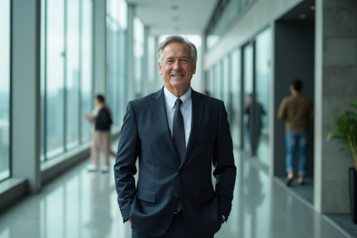 Portrait professionnel d'un dirigeant d'entreprise aéronautique en costume marine dans un atrium moderne vitré