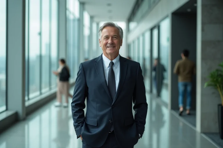 Portrait professionnel d'un dirigeant d'entreprise aéronautique en costume marine dans un atrium moderne vitré