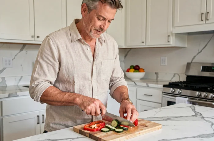 Homme préparant un repas sain et équilibré dans une cuisine moderne pour prendre soin de sa santé au quotidien