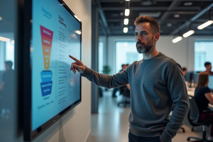 Manager présentant un entonnoir de stratégie marketing digital sur un écran tactile dans un bureau moderne de startup