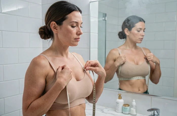 Femme prenant ses mesures de soutien-gorge devant le miroir de salle de bain pour calculer sa taille Etam