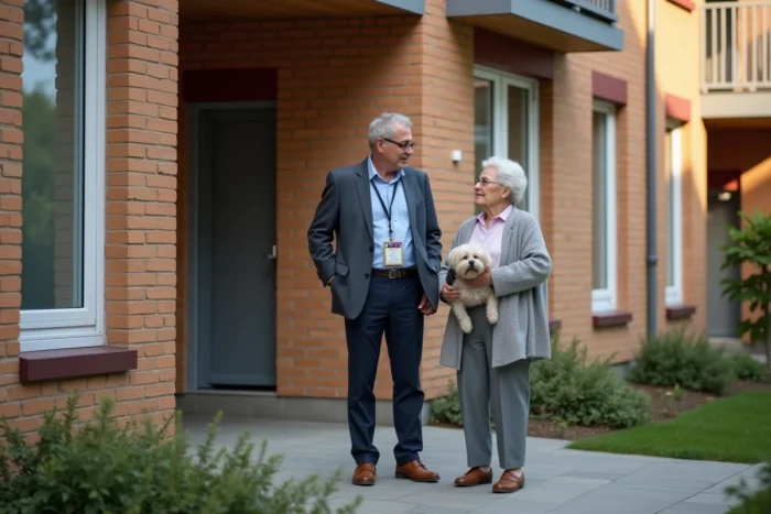 Coordinateur de logement social conversant avec une résidente devant une résidence Procivis en France