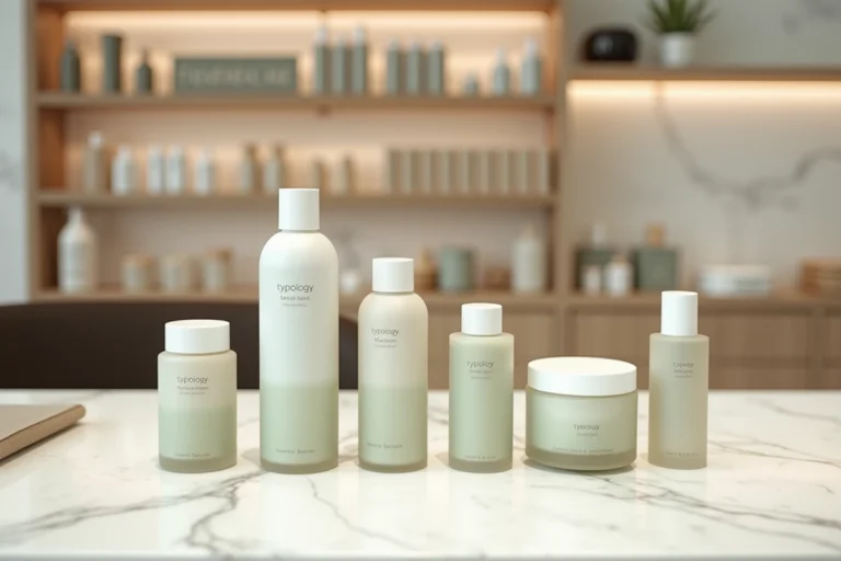 Produits Typology exposés en rayon dans une boutique Sephora moderne avec un décor minimaliste