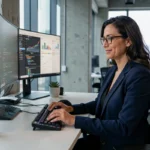 Professionnelle en informatique travaillant sur plusieurs écrans dans un bureau moderne et optimisé en 2024