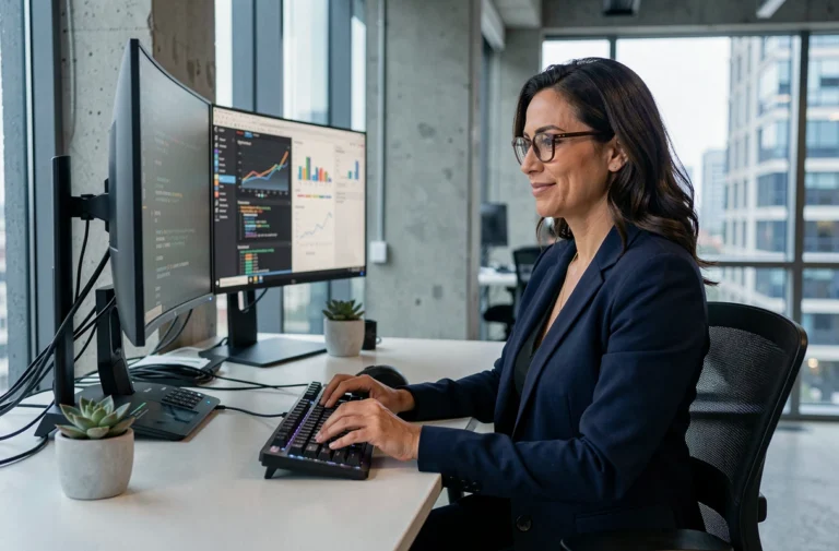 Professionnelle en informatique travaillant sur plusieurs écrans dans un bureau moderne et optimisé en 2024