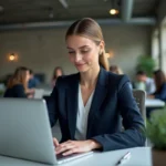 Professionnelle du marketing B2B consultant une nouvelle plateforme de recherche d'emploi sur son ordinateur portable dans un bureau moderne
