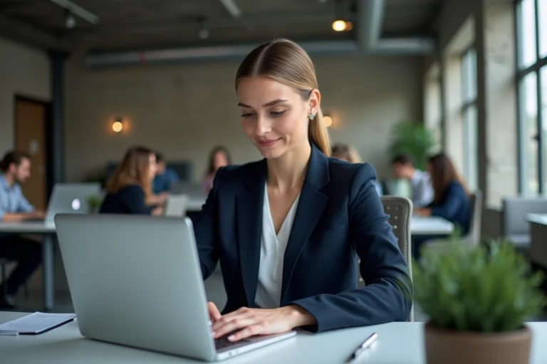 Professionnelle du marketing B2B consultant une nouvelle plateforme de recherche d'emploi sur son ordinateur portable dans un bureau moderne
