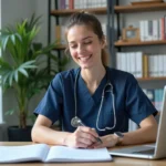 Professionnelle de santé en blouse marine consultant des ressources médicales imprimées à son bureau dans un cabinet médical organisé
