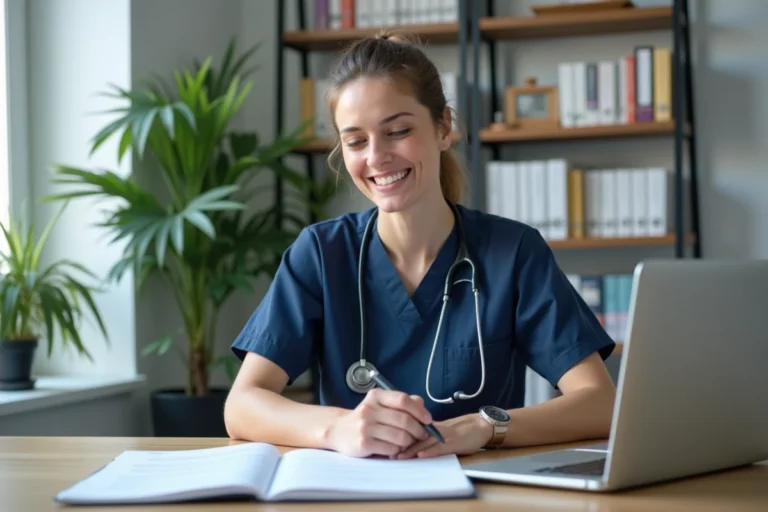 Professionnelle de santé en blouse marine consultant des ressources médicales imprimées à son bureau dans un cabinet médical organisé