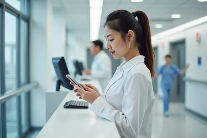 Jeune professionnelle de santé consultant l'application Netsoins sur son smartphone dans un couloir de clinique