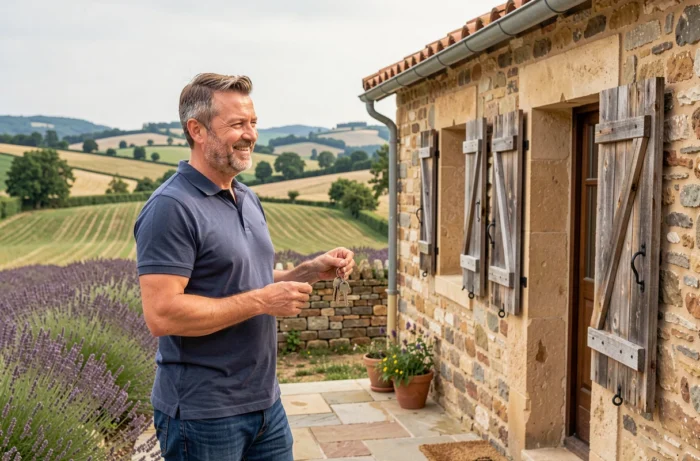 Propriétaire devant un gîte de vacances en pierre proposé à la location sur Abritel en France