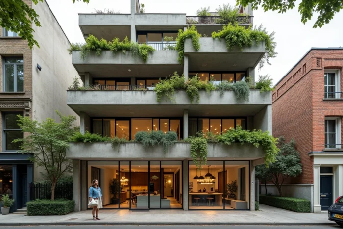 Urbaniste observant un immeuble résidentiel à terrasses végétalisées conçu par Quartus dans un quartier dense