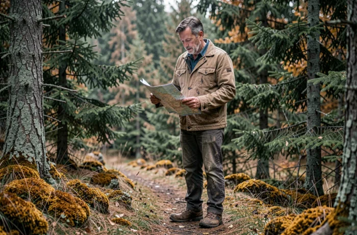 Randonneur consultant une carte sur un sentier forestier dans la nature préservée du territoire de Soultzerland