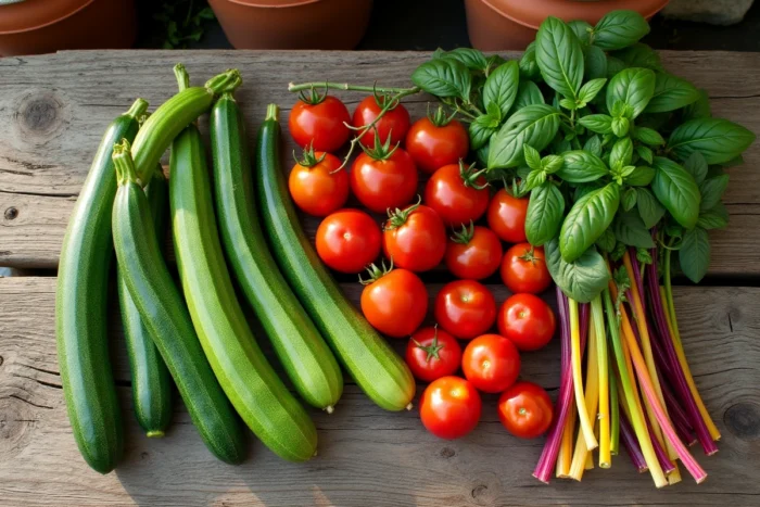 Vue de dessus de légumes frais du jardin récoltés — courgettes, tomates cerises, blettes et basilic — sur une table en bois rustique