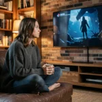 Jeune femme regardant Game of Thrones en streaming sur sa télévision depuis son canapé en cuir dans un salon cosy
