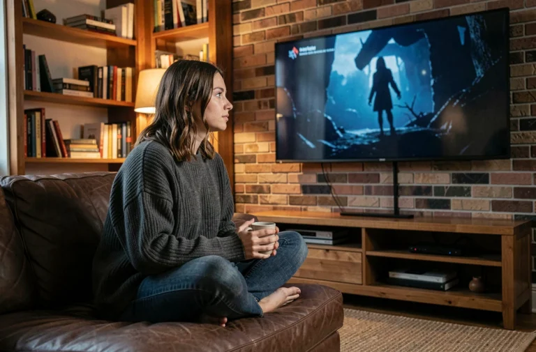 Jeune femme regardant Game of Thrones en streaming sur sa télévision depuis son canapé en cuir dans un salon cosy