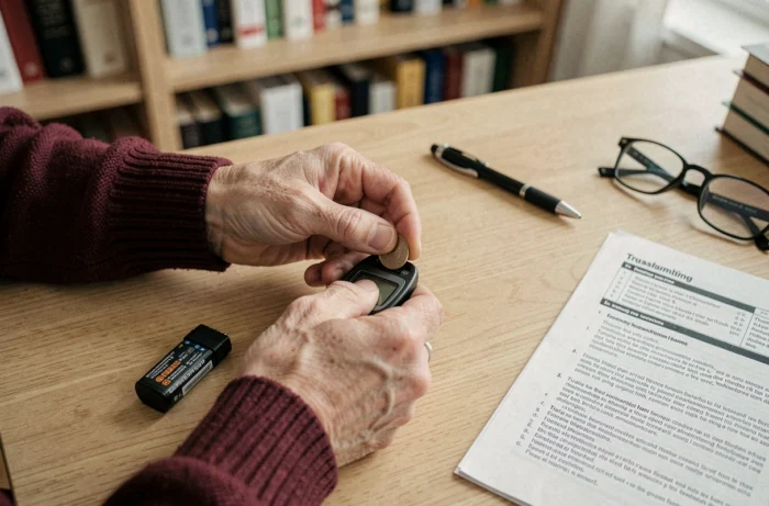 Mains remplaçant la pile d'un podomètre en panne sur un bureau à domicile