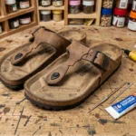 Sandales Birkenstock avec une bride cassée posées sur un établi en bois avec des outils de réparation en cuir
