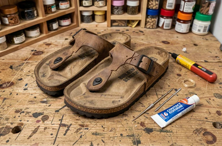Sandales Birkenstock avec une bride cassée posées sur un établi en bois avec des outils de réparation en cuir