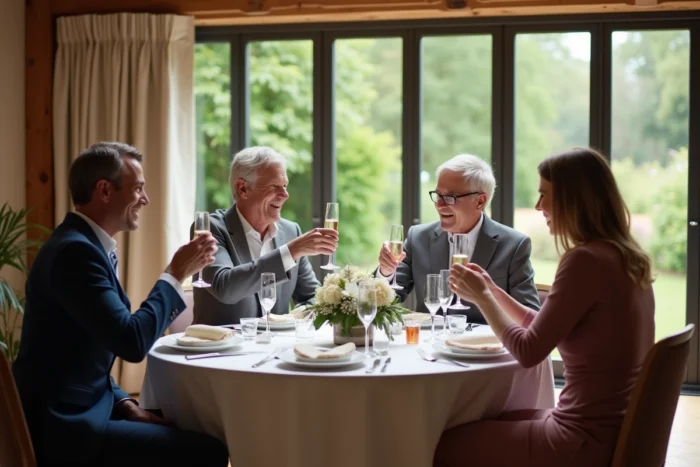 Repas de mariage intime réunissant un petit groupe d'invités élégants autour d'une table dressée dans une salle privée