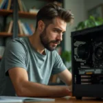 Homme en train de diagnostiquer un problème matériel sur un ordinateur de bureau ouvert dans un bureau à domicile