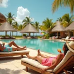 Complexe hôtelier tout inclus tropical avec piscine et vacanciers adultes se relaxant sur des transats en bois, illustration des alternatives au Club Med