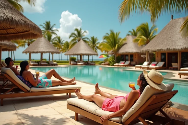 Complexe hôtelier tout inclus tropical avec piscine et vacanciers adultes se relaxant sur des transats en bois, illustration des alternatives au Club Med