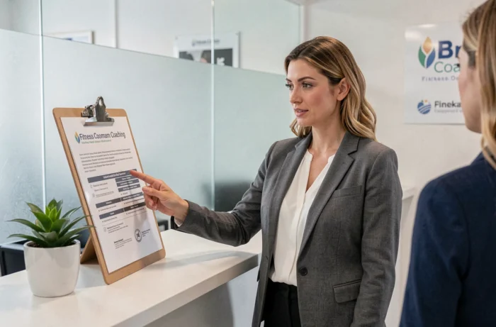 Responsable d'un service de coaching à domicile présentant les informations légales de l'entreprise