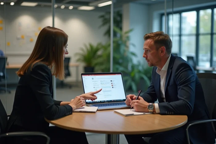Deux professionnels du marketing B2B en réunion analysant des profils de candidats sur une plateforme de recrutement spécialisée