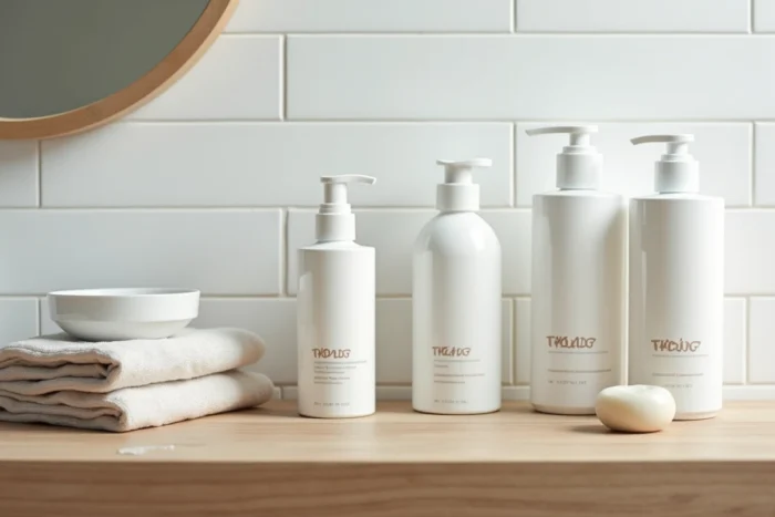 Produits de soin Typology rangés sur une étagère de salle de bain minimaliste à domicile