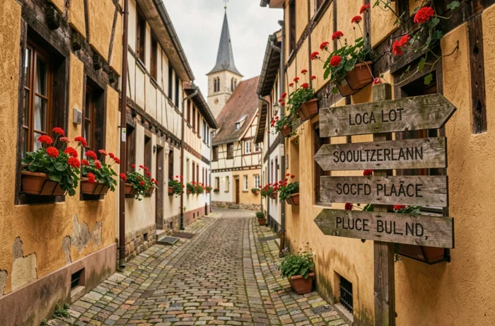 Ruelle pavée pittoresque d'un village traditionnel en Soultzerland avec maisons à colombages et géraniums aux fenêtres